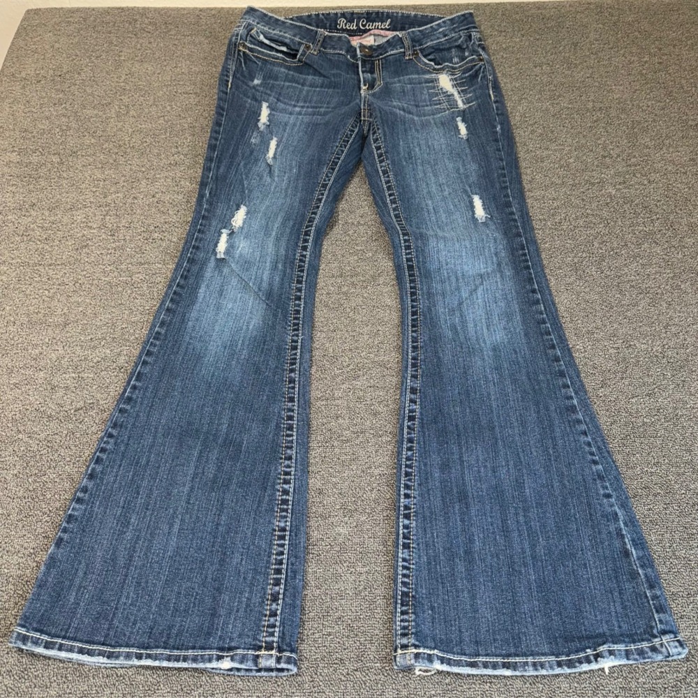 Y2K Red Camel Distressed Flare Leg Jeans Blue Low Rise Size 11 VTG 2000s Western